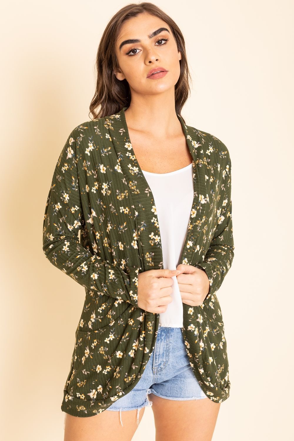Olive Ditsy Floral Ribbed Slouch Cardigan_Plus – éloges