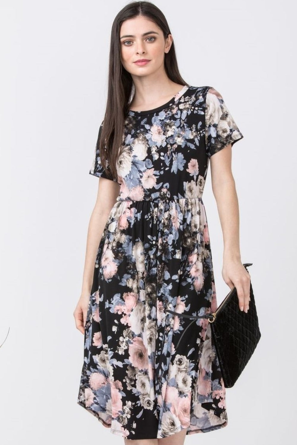 Black Floral Short Sleeve Midi Dress – éloges